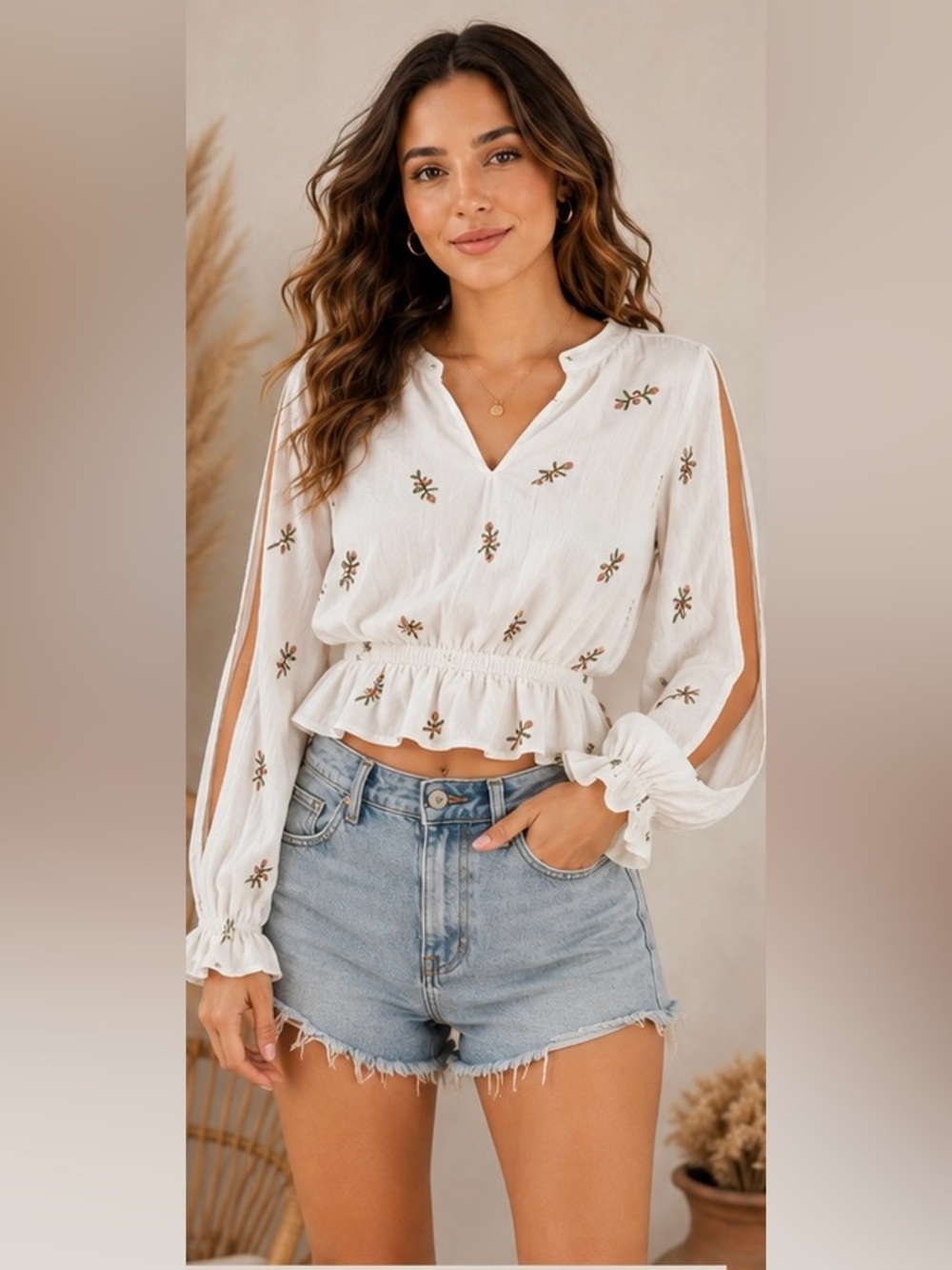 Iris White Floral Embroidered Smocked Peplum Blouse Size S